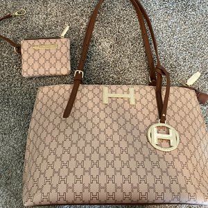 Halston Tote and coin purse - tan with camel accents - gently used!